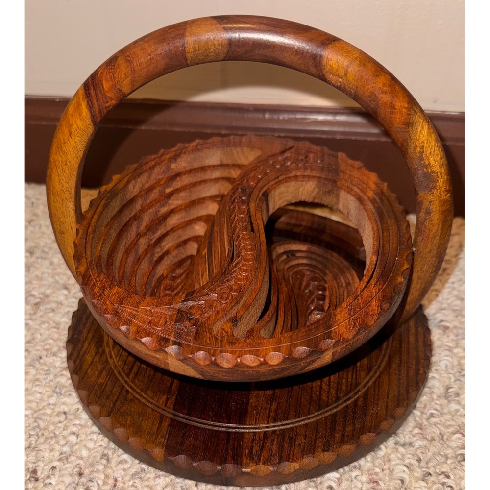 Hand Carved Wooden Collapsible Yin Yang Basket 8 Inch Folding Trivet Paisley